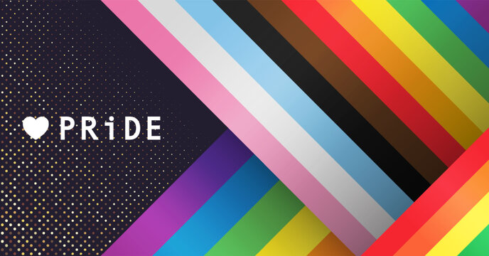 PRIDE banner with colorful weaved progress pride color stripes and glitter background. Vector illustration