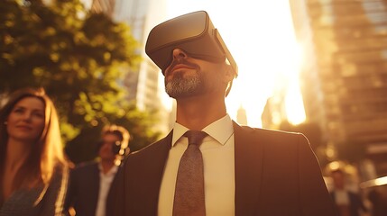 A businessman wearing vr headset walks in a cityscape environment
