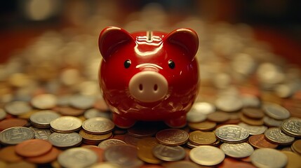 A red piggy bank sits atop a scattered pile of coins