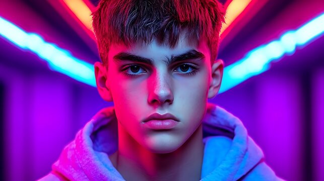 A young person gazes directly at the viewer with serious expression - Powered by Adobe