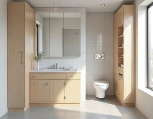Modern residential bathroom design features washstand toilet shower. Stylish wooden cabinets with mirror. Interior decor with contemporary style, bright lights, fresh design. Home renovation project.