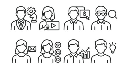 Set of people with different jobs and one of them is holding a computer