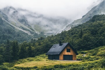 Fototapeta premium Mountain retreat showcasing simple design in tranquil surroundings with misty peaks