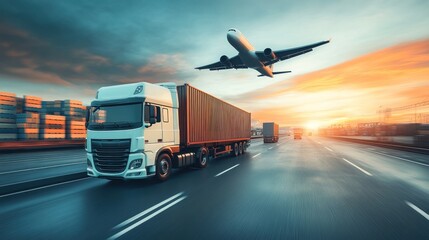 A cargo truck loaded with containers drives along a highway at dusk, as an airplane flies overhead against a colorful sky