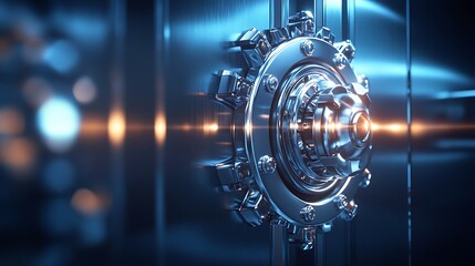 A shiny detailed metallic vault door lock and mechanism