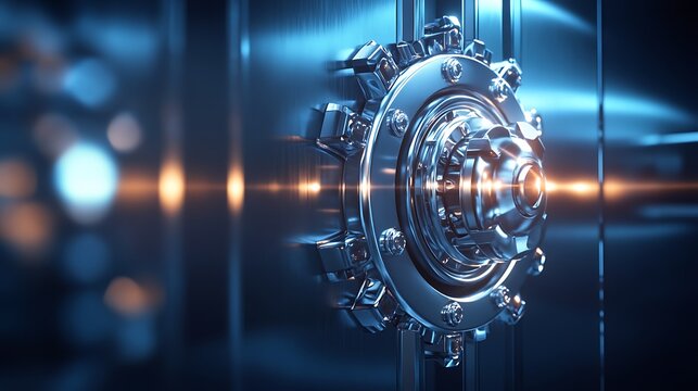A shiny detailed metallic vault door lock and mechanism