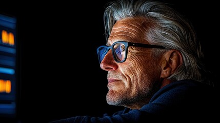 Obraz premium Intense Focus: A Man Gazing at a Data Stream