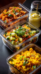 Obraz premium Three glass containers hold prepared food: pasta, vegetable salad, and saffron rice. The image showcases healthy meal prep, ideal for lunch or dinner.