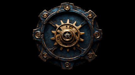 An emblem featuring the mechanical gears and cogs machinery, symbolizing time's flowing wheels within virtual reality. Eternal Forge. Illustration