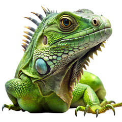 Fototapeta premium Close up portrait of a vibrant iguana reptile pet with detailed scales and skin texture on transparent background