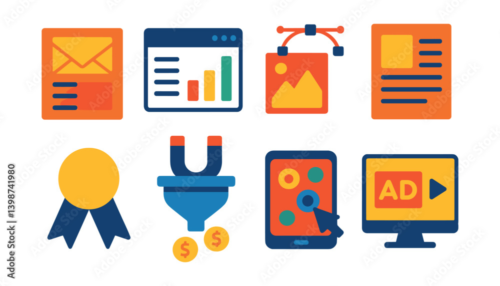 Poster set of icons for various computer programs and devices