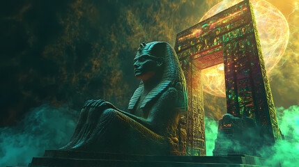 Fototapeta premium Digital guardian: a surreal sphinx guarding a luminous gateway in a misty realm. Mystic Cipher. Illustration