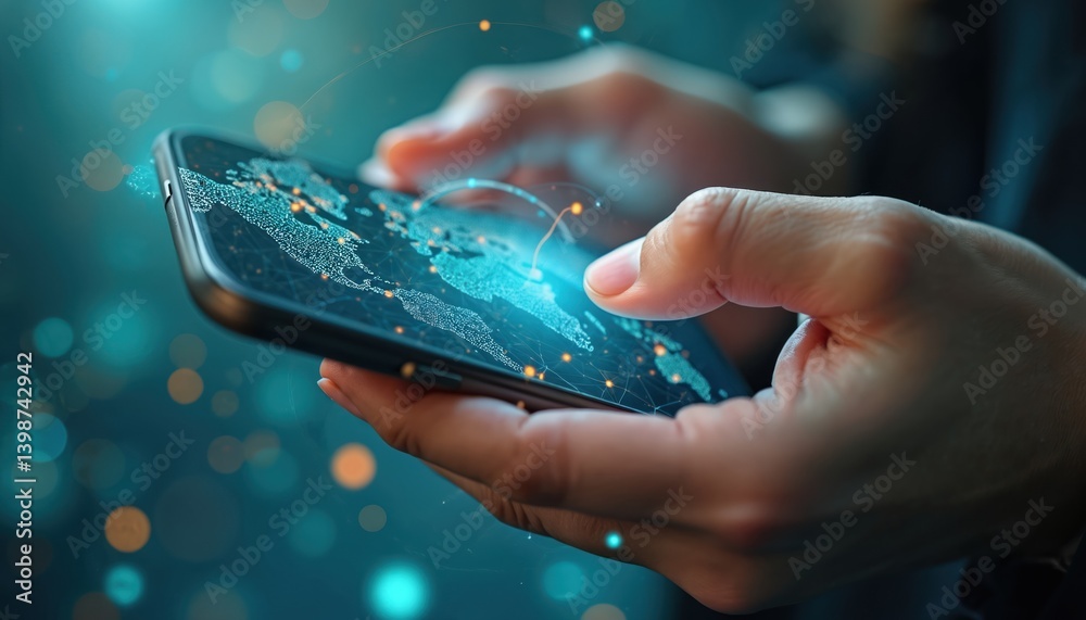 Fototapete Woman hands hold smartphone with digital world map. Technology communication concept. Modern mobile phone connection. Global network cyberspace. Connection points illustrate travel routes data