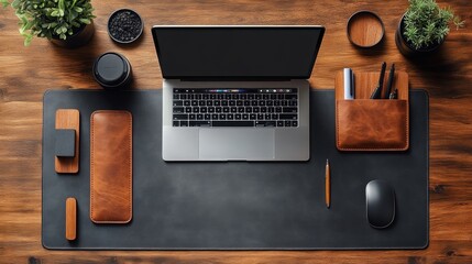 Stylish desk mat integrates wooden accessories, enhancing productivity in a modern workspace with sleek design elements and organized layout