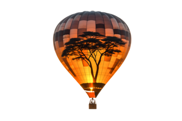 Serene Sunrise Hot Air Balloon Ride Silhouette of acacia tree glowing orange hues peaceful African adventure