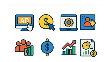 Fototapeta premium Set of icons for a computer screen, including a dollar sign