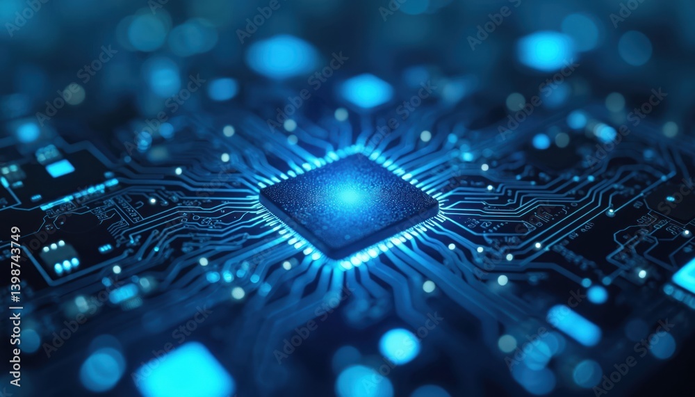 Poster illustration shows high-tech blue circuitry with electronic components. futuristic tech, connection 