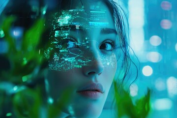 A futuristic woman's face is overlaid with a holographic digital interface, blending technology and nature.