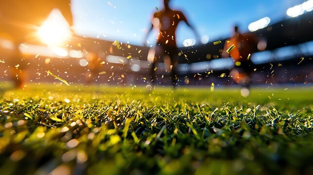 A vibrant scene of a soccer match in action, capturing the excitement and energy of the players on the lush green grass under a setting sun