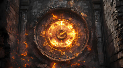 Fototapeta premium A colossal, ancient clock glows with fiery runes and mystical symbols, embedded in a weathered stone wall. it radiates power, mystery, and arcane energy. Temporal Runes. Illustration