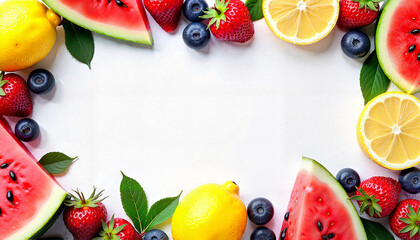 Vibrant fruit arrangement with watermelon, lemon, and berries, summer freshness