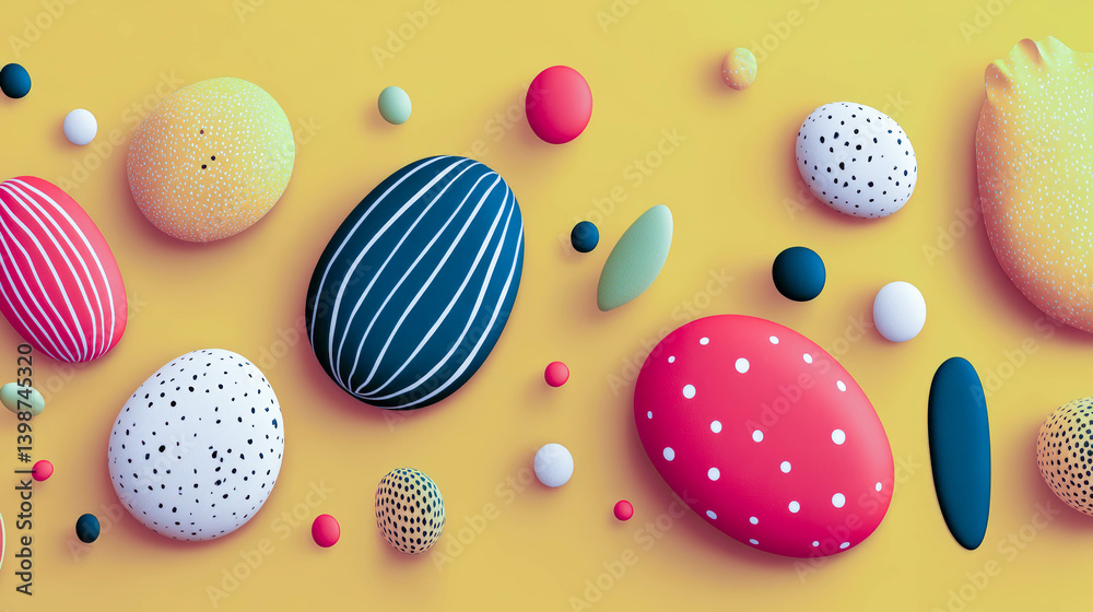 Poster colorful geometric shapes create a playful abstract design on a sunny yellow backdrop