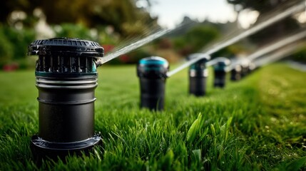 Automatic sprinkler watering green grass in garden at sunset