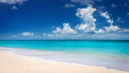 Fototapeta premium Brightly vivid tropical sandy beach, blue sky, blue seanocean, white sandy beach, no people