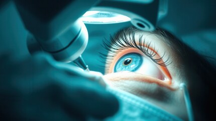 Eye Exam: Close-up of a medical professional examining a patient's blue eye with specialized equipment.