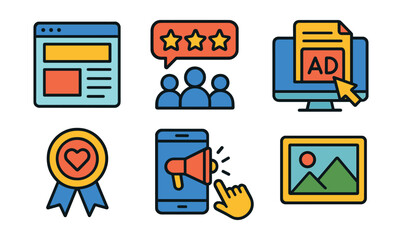 Set of icons for a website, including a heart, a star, a microphone, a camera