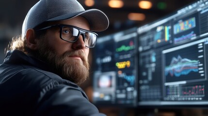 Industrial engineer wearing glasses and cap monitoring production using multiple computer screens