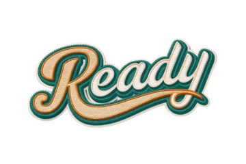 Ready written in retro script font with puff embroidery patch effect isolated on transparent background - generated by ai