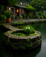 Fototapeta premium Serene pond retreat with lush bioplateau surrounded by charming natural elements