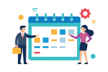 Business professionals, giant calendar, project management, task planning, colorful sticky notes, teamwork, office collaboration, digital organization, productivity icons, flat design illustration, 