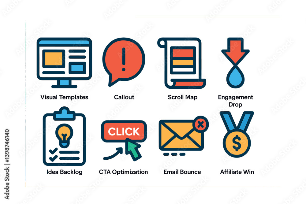 Poster set of icons for a website, including a click button, a scroll map