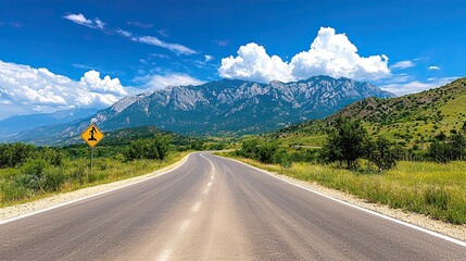 Naklejka premium Scenic Mountain Road Trip: Winding Asphalt Path Towards Majestic Peaks under a Summer Sky