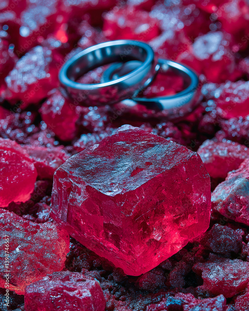 Poster Love rings amid vibrant ruby corundum gems on a textured surface in an enchanting display