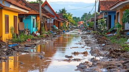A street flooded with muddy water runs through a village after severe rainfall