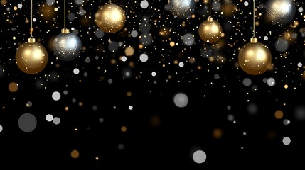 Beautiful gold and silver ornaments hanging in a festive black background