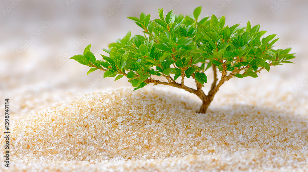 Poster Lush green plant emerging from sharp sand creating a striking contrast in a serene setting