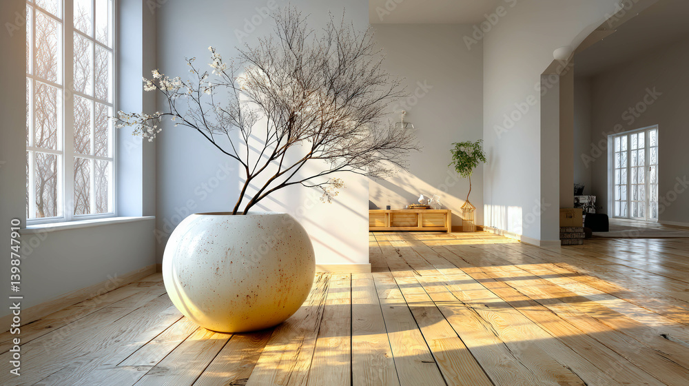 Poster sunlight casts shadows in a minimalist white room featuring a round vase with leafless branches