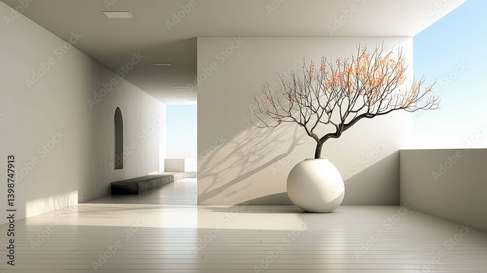 Poster Sunlight creates warmth in a minimalist white room with a unique vase and bare branches