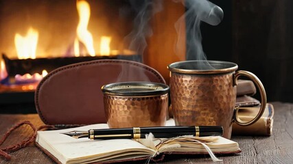 Cozy Scene of Hot Beverages, Open Notebook and Fountain Pen in Front of a Warm Fireplace on a Wooden Table - Powered by Adobe