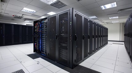 Modern data center room with rows of black server racks, organized cables, and a cool white floor under bright ceiling lights. Ideal for tech infrastructure ads, IT services, and cloud hosting content