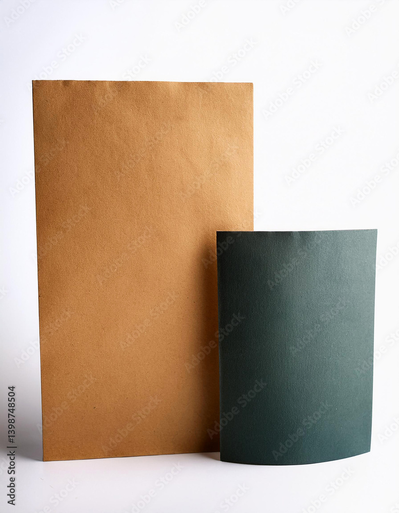 Aufkleber paper sheets on white. tan paper stands tall. dark green paper curves to the side. simple backdrop f