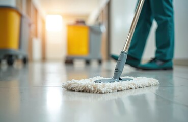 Close-up of mop mopping the floor in office. Janitor employee cleaning floor with cleaning tools equipment. Hygiene sanitation maintenance workplace cleanliness.