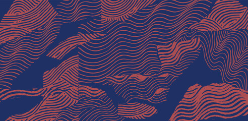 Crafted hand drawn brush lines abstract wave and water collage pattern, Japanese wood carving, engraving texture background, simple and experimental graphic for carpet, textile
