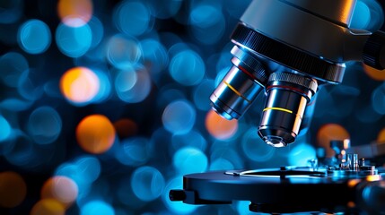 A close-up view of a microscope with a vibrant bokeh background of blue and orange lights, creating an intriguing atmosphere for scientific exploration and discovery.