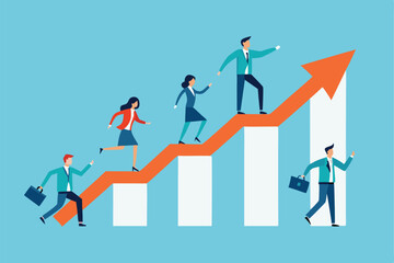business growth chart, ascending arrow, teamwork, collaboration, climbing figures, blue background, white bar graph, orange arrow, achievement, progress, stylized illustration, minimalist design, 