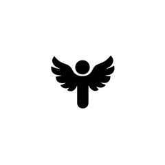 Black minimalist logo featuring a figure with wings, representing freedom and creativity in design